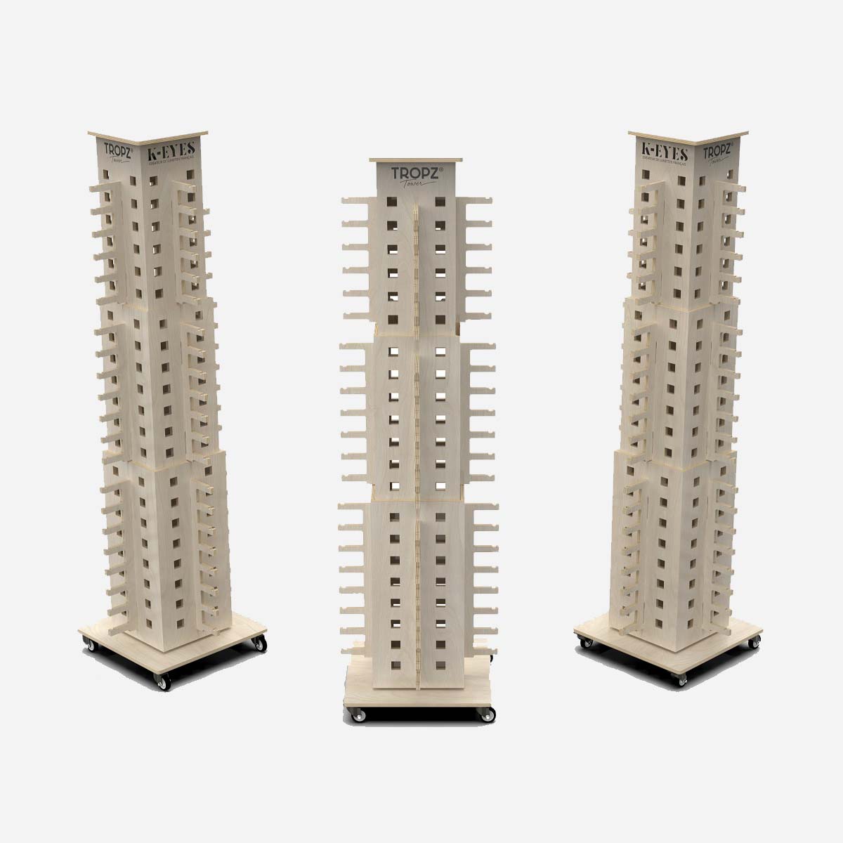 Présentoir à lunettes TROPZ, colonne rotative 80 places en bois laminé avec miroir pour pharmacie et opticien.