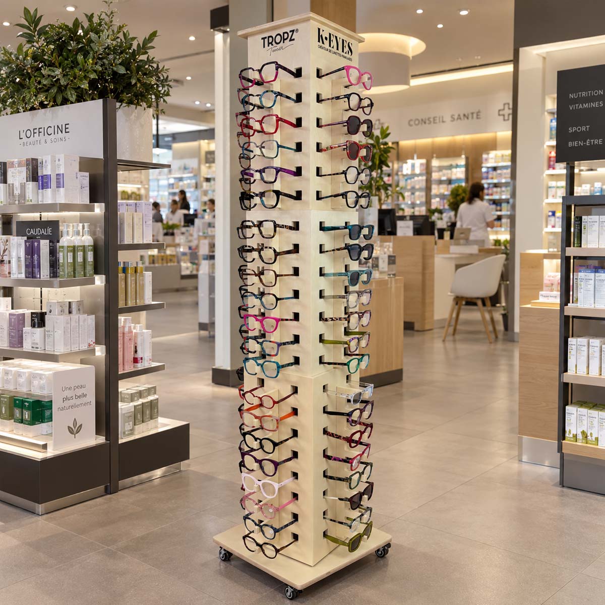 Présentoir à lunettes TROPZ, colonne rotative 80 places en bois laminé avec miroir pour pharmacie et opticien.
