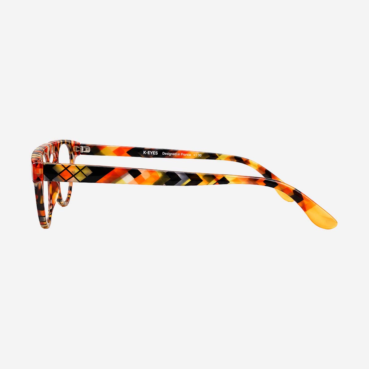 Lunettes de lecture unisexes à monture ronde, motif graphique jaune, rouge et noir.
Unisex reading glasses with a round frame featuring a yellow, red and black graphic pattern.