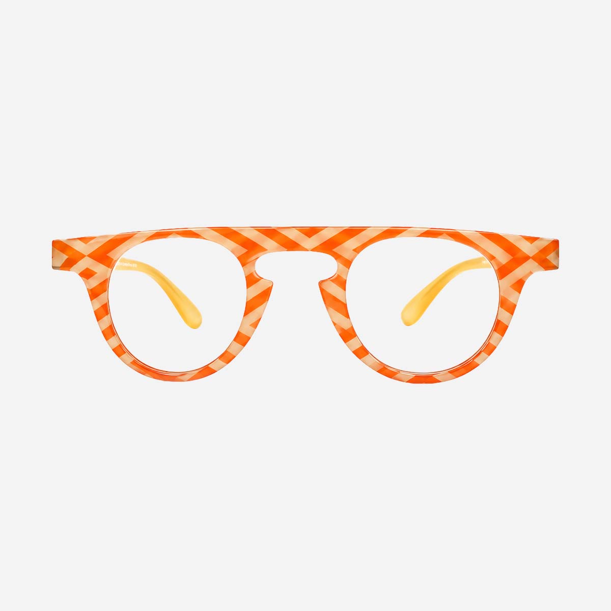 Lunettes de lecture unisexes à monture ronde, motif graphique beige et orange.
Unisex reading glasses with a round frame featuring a beige and orange graphic pattern.