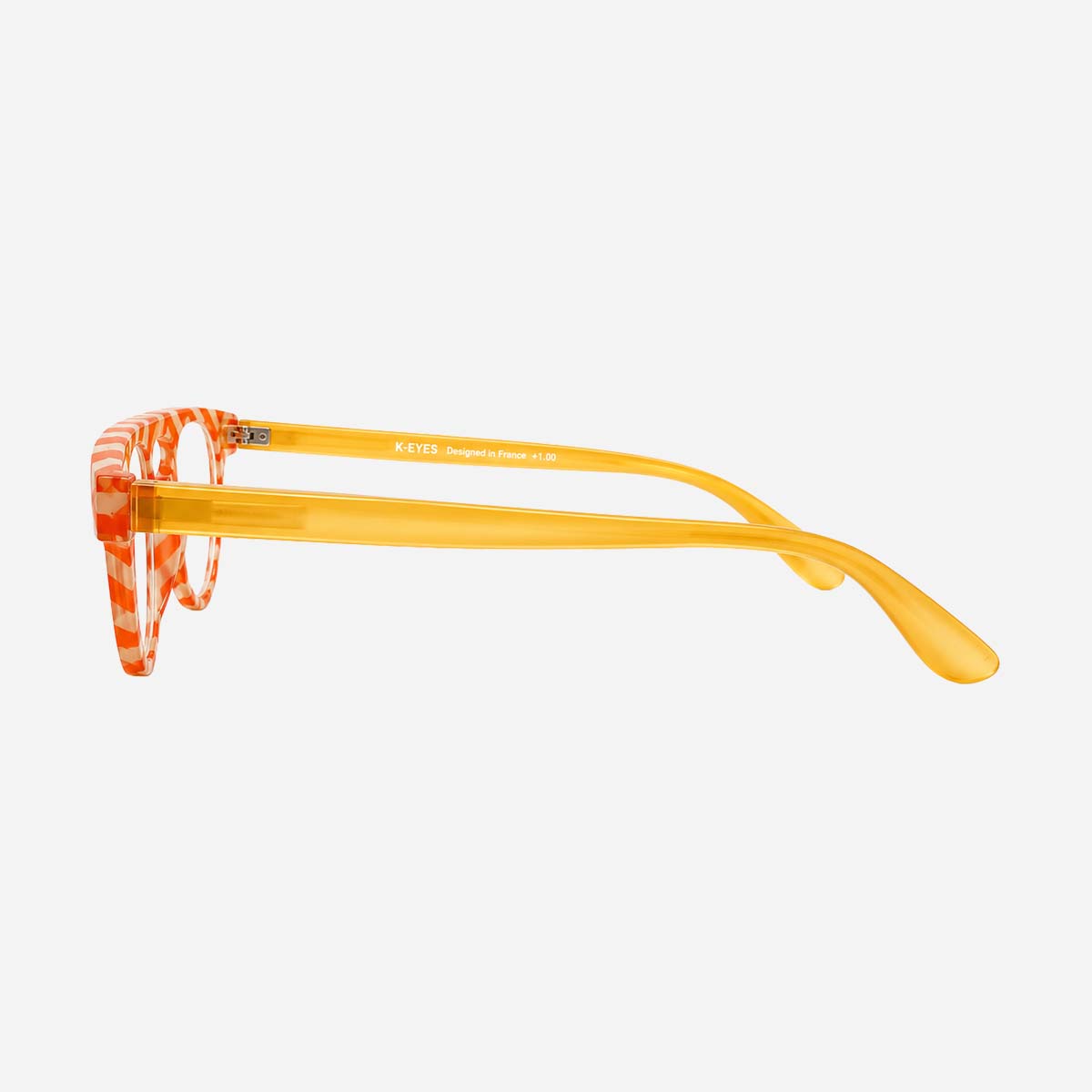 Lunettes de lecture unisexes à monture ronde, motif graphique beige et orange.
Unisex reading glasses with a round frame featuring a beige and orange graphic pattern.