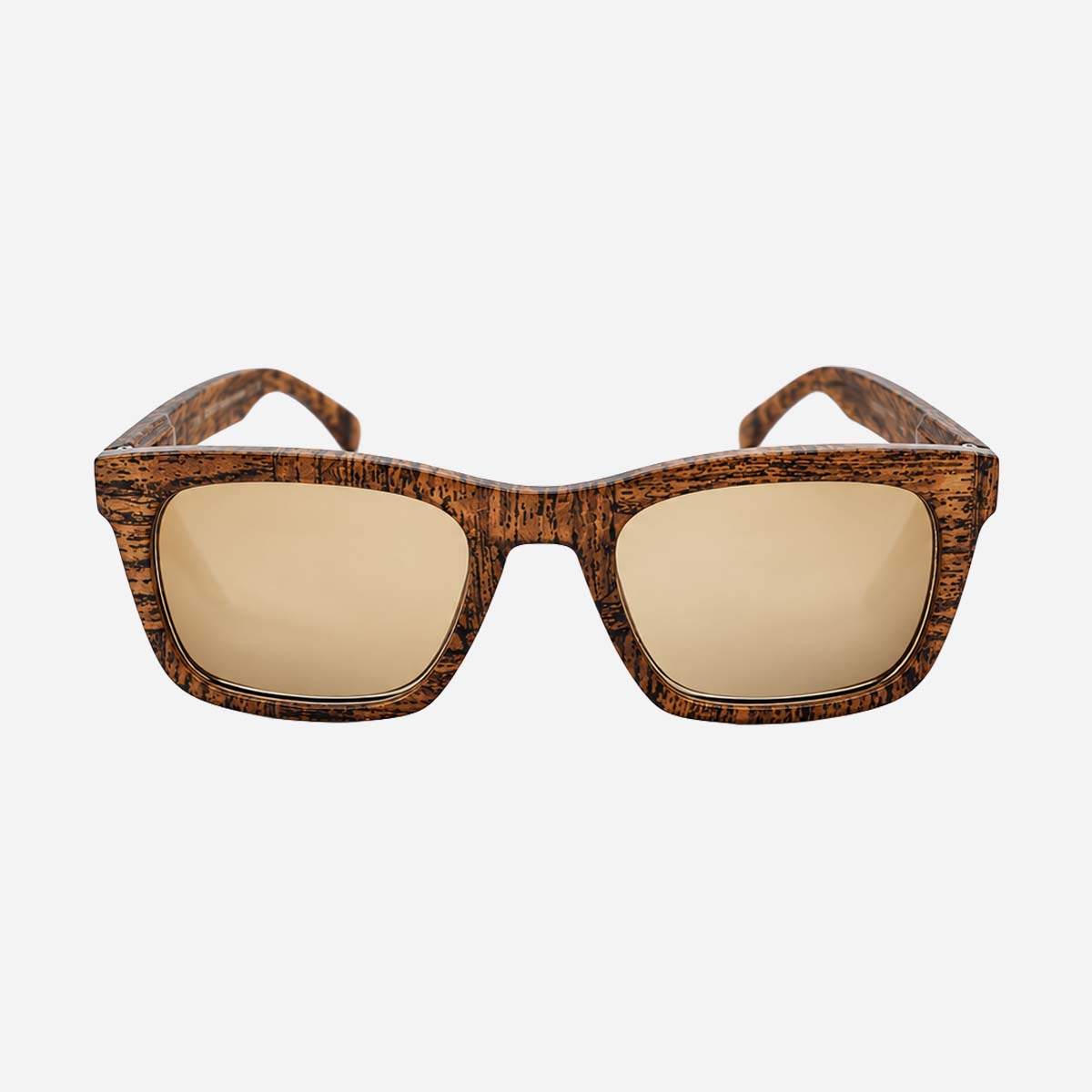 Unisex rectangular sun reading glasses with a brown wood-effect frame and Category 2 tinted lenses for men and women, ideal for reading outdoors.