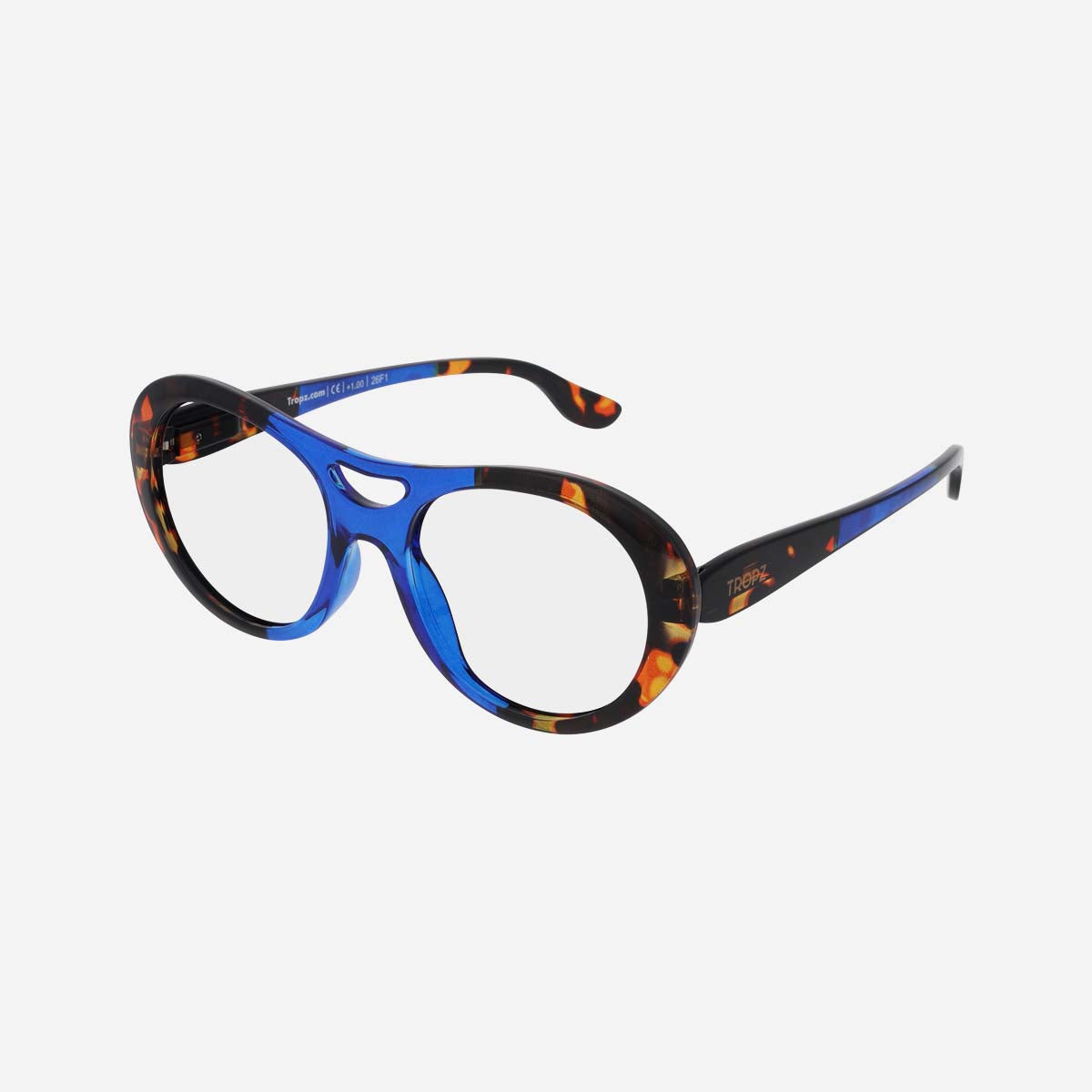 Lunettes de lecture aviateur TROPZ T52 Ocean, monture bleue et écaille multicolore, modèle femme