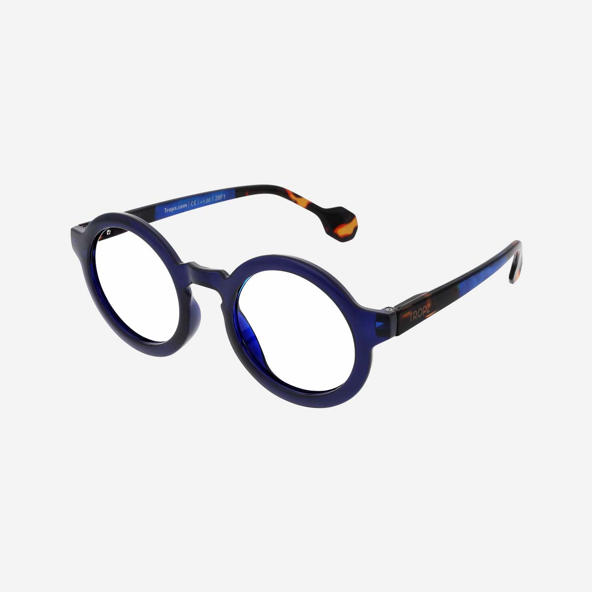 Lunettes de lecture rondes TROPZ T51 Ocean, monture bleu marine et branches écaille, modèle mixte homme et femme