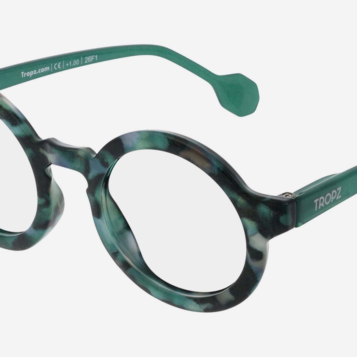 Lunettes de lecture rondes TROPZ T51 Verdea, monture effet écaille verte et branches vertes, modèle mixte homme et femme