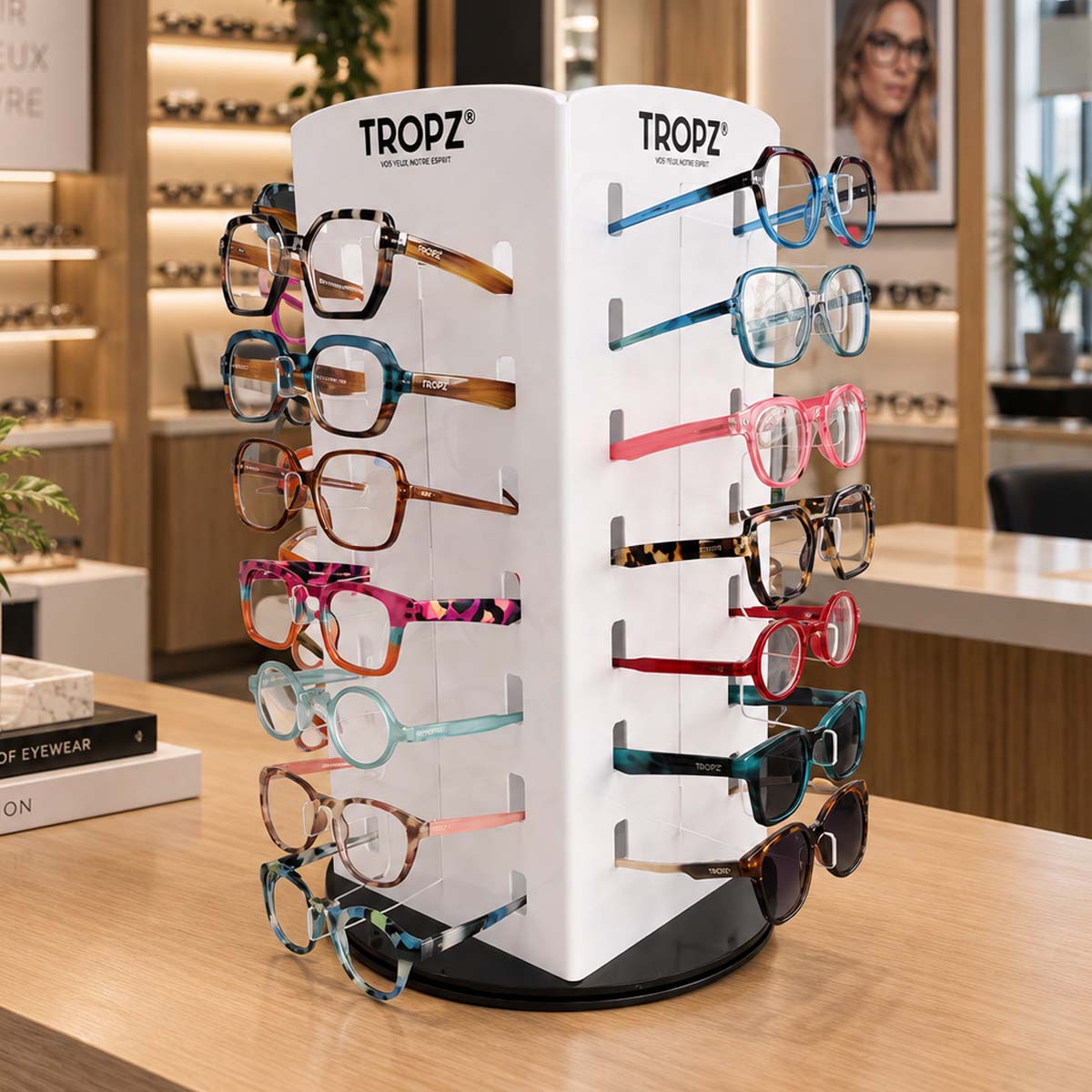 Présentoir rotatif TROPZ 28 places avec lunettes colorées, idéal pour comptoir de pharmacie et d’opticien.
TROPZ rotating 28-place eyewear display with colorful glasses, designed for pharmacy and optician counters.