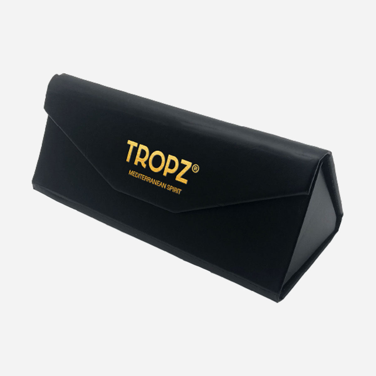 Étui à lunettes pliable noir avec logo doré. Black foldable glasses case with gold logo.