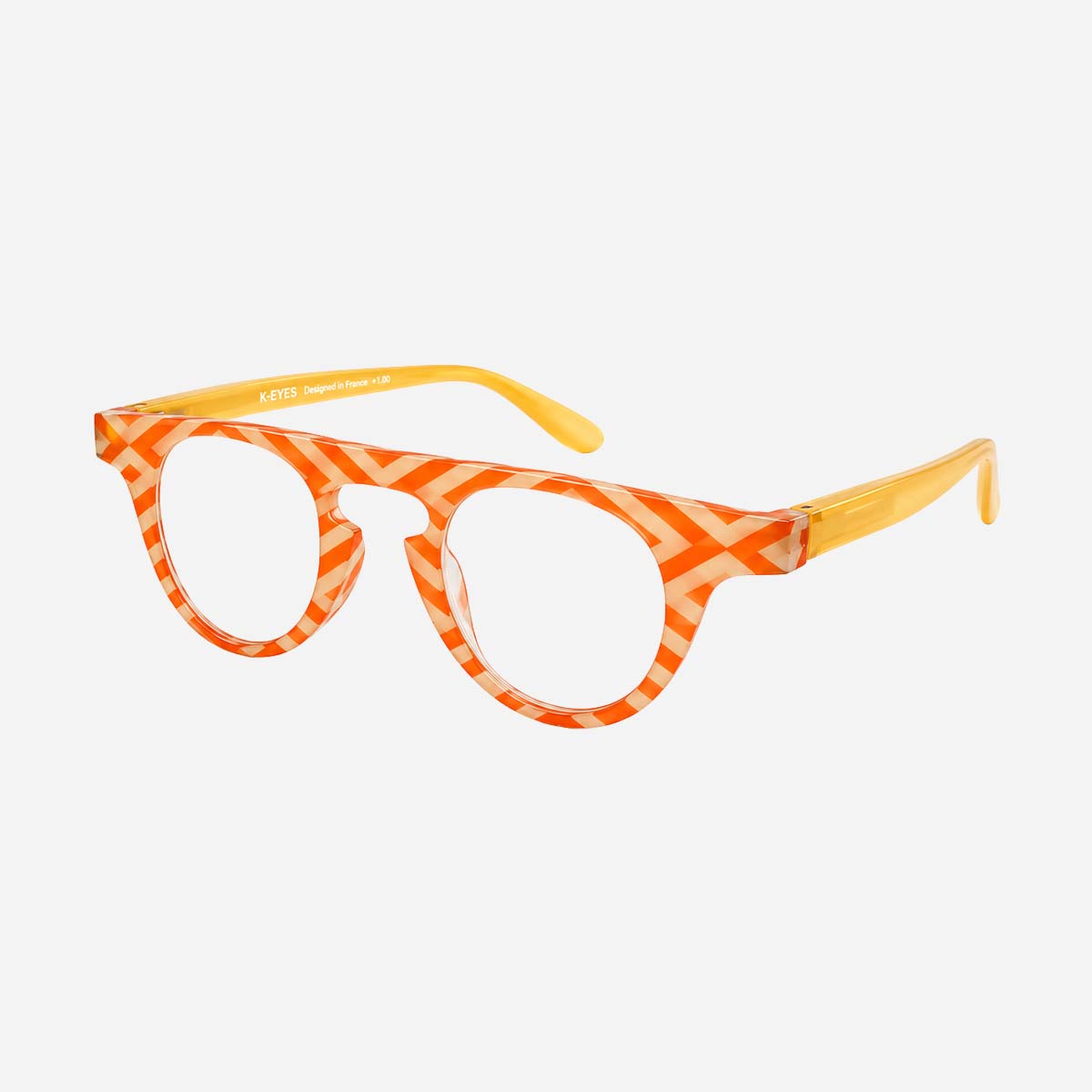 Lunettes de lecture unisexes à monture ronde, motif graphique beige et orange.
Unisex reading glasses with a round frame featuring a beige and orange graphic pattern.