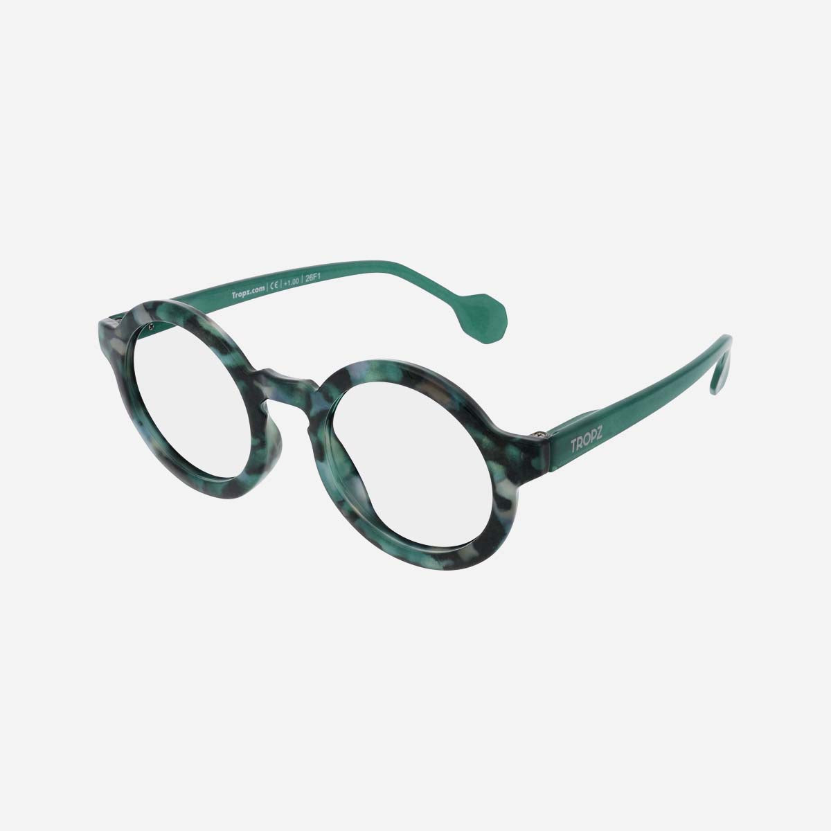 Lunettes de lecture rondes TROPZ T51 Verdea, monture effet écaille verte et branches vertes, modèle mixte homme et femme