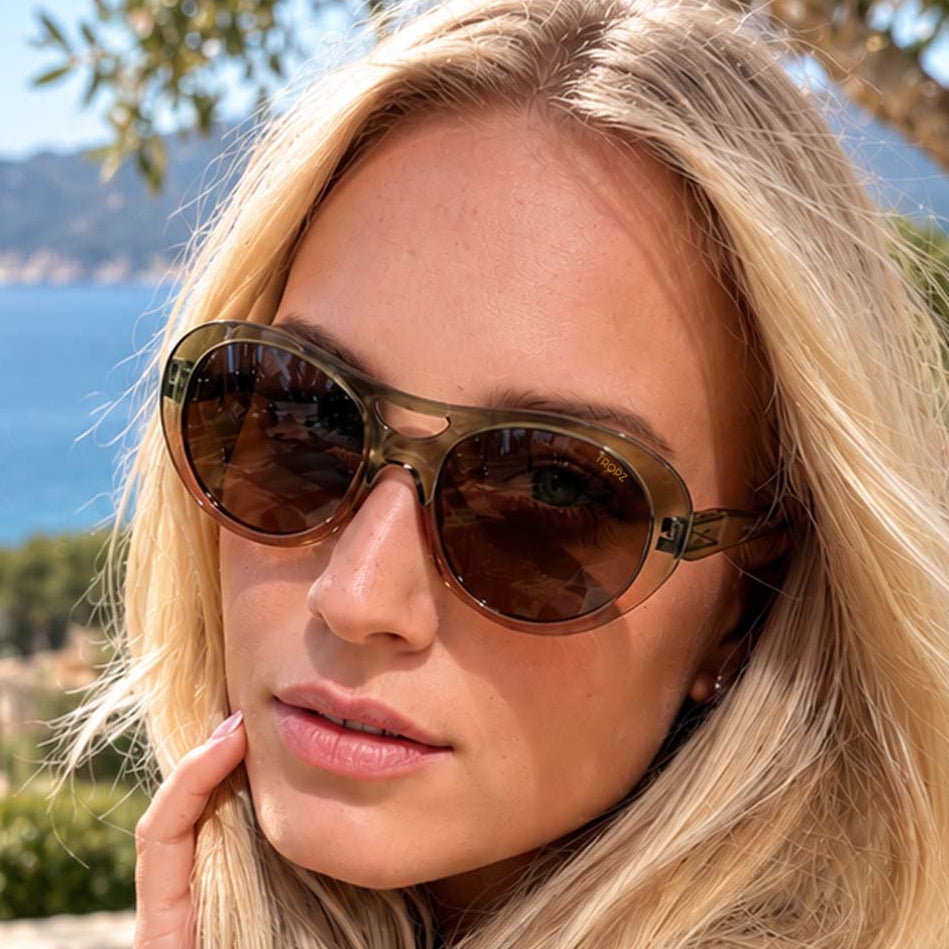Lunettes de soleil polarisées aviateur TROPZ T52 Olivera, monture rose et verte, verres bruns, femme