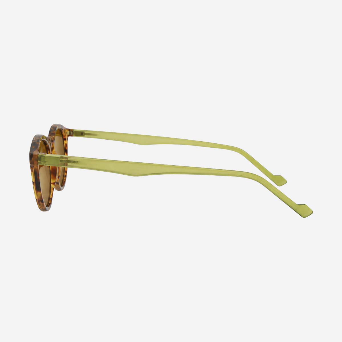 Lunettes de lecture solaires rondes, petite monture fine écaille avec branches vertes et verres teintés catégorie 2.
Round reading sunglasses, slim tortoise frame with green temples and category 2 tinted lenses.