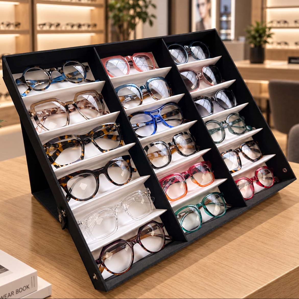 Plateau de présentation TROPZ 18 places pour lunettes, chevalet rigide professionnel pour pharmacie et opticien.